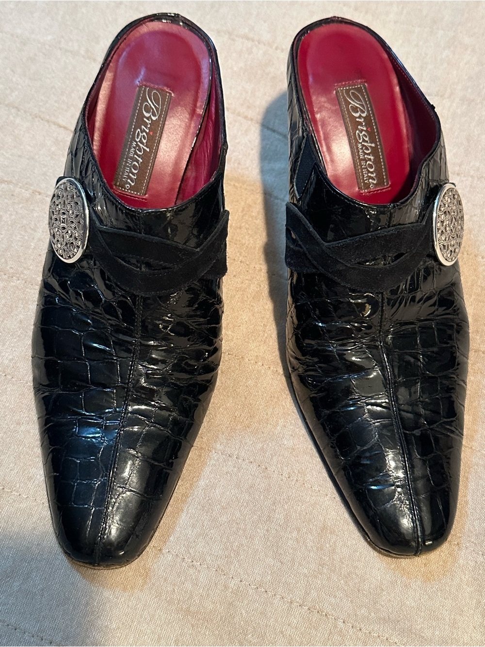 Brighton Black Croc-Embossed Slip-On Loafers with Silver Medallion